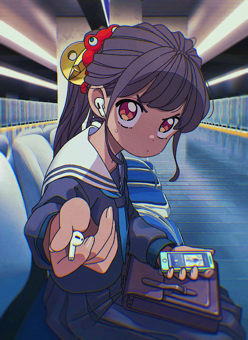 1990s_(style) airpods bag bench blue_neckerchief brown_eyes cellphone chair chromatic_aberration closed_mouth earbuds earphones earphones_removed expo2025 female film_grain fingernails foreshortening from_side giving hair_ornament highres holding holding_phone indoors kunitarou-art long_hair long_sleeves looking_at_viewer myaku-myaku neckerchief original phone pleated_skirt pov purple_hair reaching reaching_towards_viewer retro_artstyle sailor_collar satchel school_uniform serafuku sidelocks sitting skirt smartphone solo sweat tower_of_the_sun train_station v-shaped_eyebrows white_neckerchief wireless_earphones