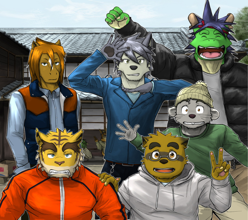 2016 accessory akira_nikaidou anthro asian_mythology beanie black_clothing black_jacket black_nose black_topwear blue_clothing blue_jacket blue_shirt blue_topwear bored brown_nose buckteeth canid canine canis chin_tuft chuukichi_(morenatsu) closed_eyes clothed clothing countershade_torso countershading detailed_background domestic_dog dragon east_asian_mythology eastern_dragon equid equine eyewear facial_markings facial_tuft fangs felid fully_clothed fur gesture glasses green_body green_clothing green_scales green_shirt green_topwear grey_body grey_clothing grey_fur grey_hair grey_hoodie grey_shirt grey_topwear grimace group group_picture hair hand_gesture hand_on_shoulder hat head_markings headband headgear headwear hoodie horse husky jacket kounosuke_(morenatsu) kouya_(morenatsu) looking_at_viewer male mammal mane markings mask_(marking) monotone_body monotone_fur morenatsu mouse murid murine mythological_creature mythological_scalie mythology nordic_sled_dog outside pantherine pink_nose poge_jirushi pose posing_for_picture purple_hair raccoon_dog red_clothing red_headband red_jacket red_topwear rodent scales scalie shirt smile spitz tan_body tan_fur tan_scales tanuki tatsuki_(morenatsu) teeth tiger topwear torahiko_(morenatsu) tuft v_sign vest waving whiskers yellow_body yellow_fur