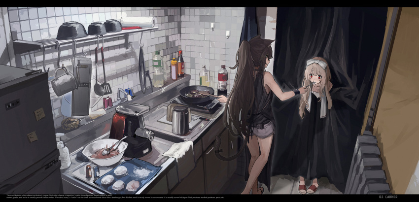 2girls apron black_apron black_tank_top blonde_hair brown_hair commentary counter curtain_grab curtains daria_(haguruma_c) duplicate english_text faucet haguruma_c highres hot_plate kitchen letterboxed long_hair multiple_girls original pixel-perfect_duplicate radiator red_eyes refrigerator sandals shorts sink tank_top towel viveka_(haguruma_c)