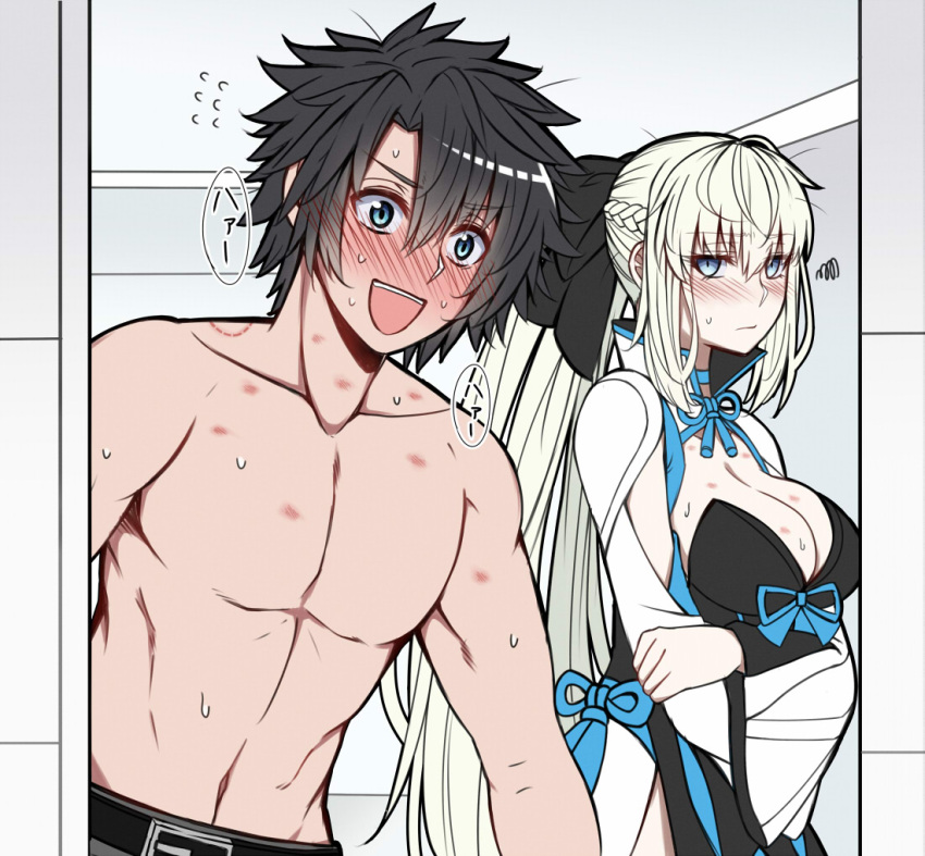 1boy abs although_she_hurriedly_put_on_clothes_(meme) annoyed bite_mark black_hair blue_eyes blush braid breasts cleavage clothed_after_sex commentary crossed_arms embarrassed fate/grand_order fate_(series) female fujimaru_ritsuka_(male) full-face_blush half_up_braid hickey implied_after_sex large_breasts meme morgan_le_fay_(fate) muscular muscular_male pectorals platinum_blonde_hair ponytail sanmoto_gorouzaemon squiggle straight topless_male two-tone_dress