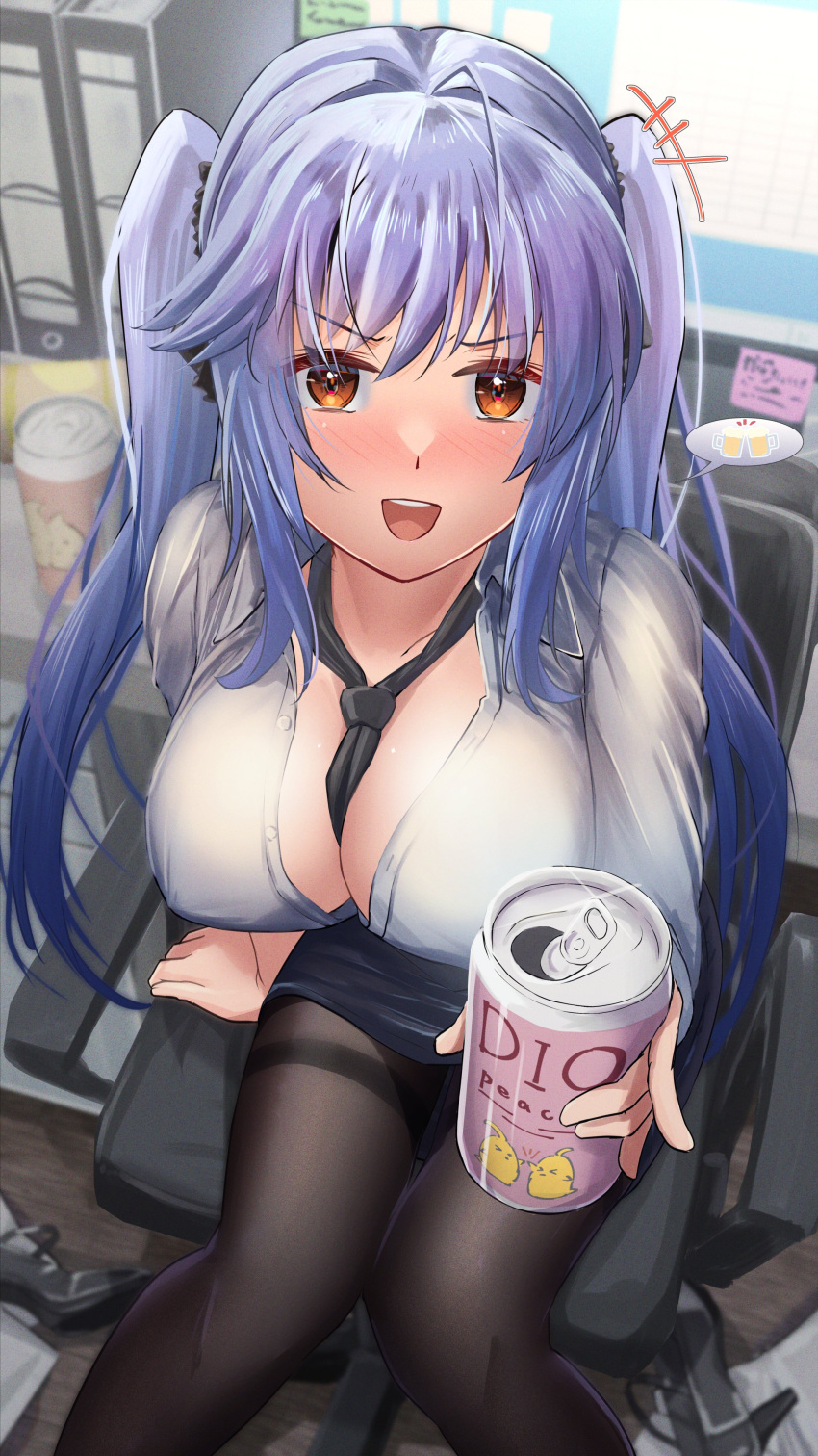 absurdres alcohol azur_lane beer beer_can black_pantyhose black_skirt breasts can cup drink_can essex_(azur_lane) essex_(crossbones_especial)_(azur_lane) female hair_ornament highres holding holding_cup large_breasts long_hair looking_at_viewer miniskirt necktie orange_eyes origami_yakko pantyhose purple_eyes skirt twintails