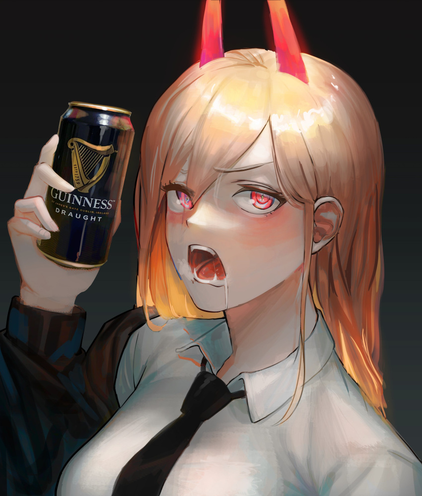 absurdres bad_id bad_twitter_id black_background black_necktie blonde_hair chainsaw_man collared_shirt cross-shaped_pupils demon_girl demon_horns drink female guinness_(beer) highres holding holding_drink horns korean_commentary necktie open_collar power_(chainsaw_man) red_eyes red_horns sharp_teeth shirt solo symbol-shaped_pupils teeth white_shirt yeoneomilk