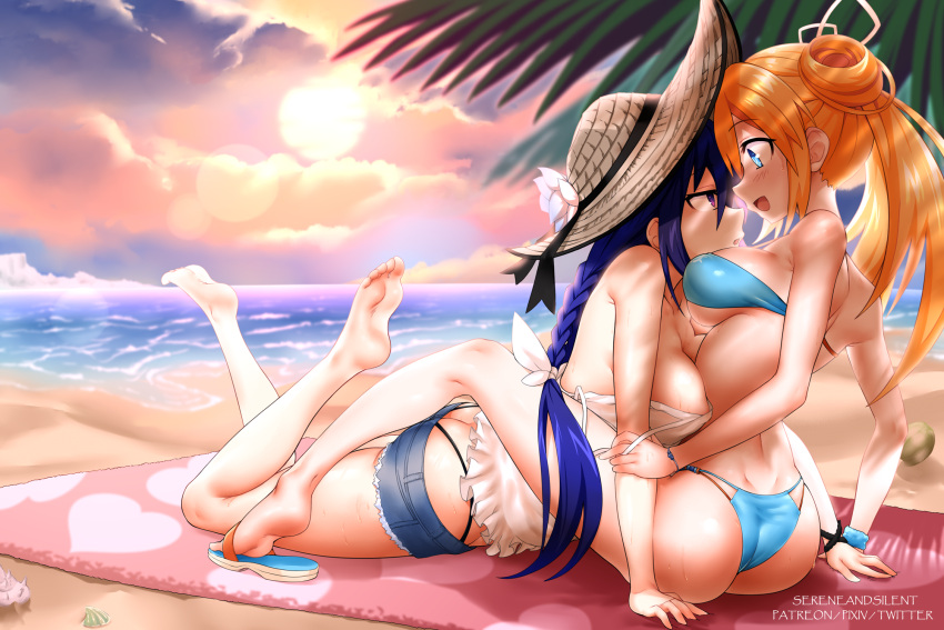 2girls ankokuboshi_kurome ass bare_arms bare_legs barefoot beach bikini blush braid breasts butt_crack feet hair_between_eyes highres legs long_hair looking_at_viewer medium_breasts multiple_girls neptune_(series) ocean open_mouth orange_eyes orange_hair orange_heart_(neptunia) outdoors purple_eyes purple_hair red_eyes red_hair sand sereneandsilent shin_jigen_game_neptune_vii soles swimsuit toes twin_braids twintails very_long_hair yuri