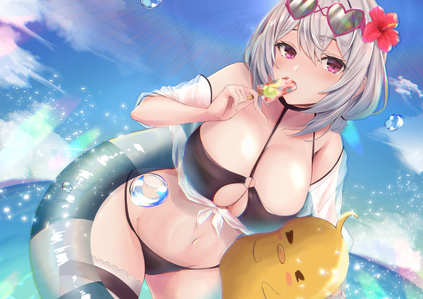 absurdres azur_lane bikini black_bikini blue_sky breasts cleavage cloud day eating eyewear_on_head female flower food grey_hair hair_between_eyes hair_flower hair_ornament heart heart-shaped_eyewear hibiscus highres holding holding_swim_ring innertube large_breasts lens_flare manjuu_(azur_lane) medium_hair navel ocean official_alternate_costume outdoors popsicle red_eyes red_flower sirius_(azur_lane) sirius_(scorching-hot_seirios)_(azur_lane) sky solo spekkio36 sunglasses swim_ring swimsuit thigh_strap water_drop