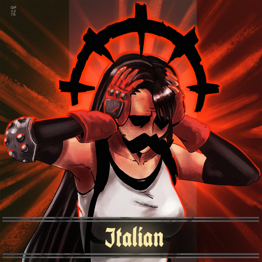 affliction_(darkest_dungeon) commentary dakota_a_degarmo darkest_dungeon depressed elbow_gloves elbow_pads english_commentary fake_facial_hair fake_mustache female final_fantasy final_fantasy_vii gloves hands_on_own_head hands_up highres italian_senate_porn_livestream_(meme) meme not_like_this_(meme) parody red_background red_gloves shirt signature solo tifa_lockhart upper_body white_shirt