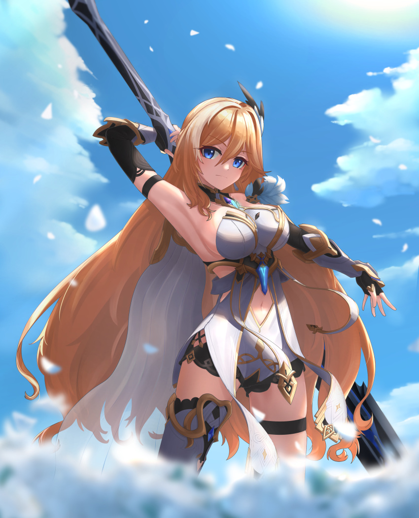 absurdres arm_behind_back arm_up armor armored_dress armpits bianka_durandal_ataegina bianka_durandal_ataegina_(palatinus_equinox) blonde_hair blue_eyes blue_sky blurry blurry_foreground boots breasts cleavage closed_mouth clothing_cutout cloud cloudy_sky dated_commentary female fingerless_gloves flower gauntlets gloves hair_between_eyes hair_ornament highres holding holding_polearm holding_weapon honkai_(series) honkai_impact_3rd lance long_hair nabiyan navel navel_cutout outdoors petals polearm rose shirt single_boot sky solo thigh_strap weapon white_flower white_rose white_shirt