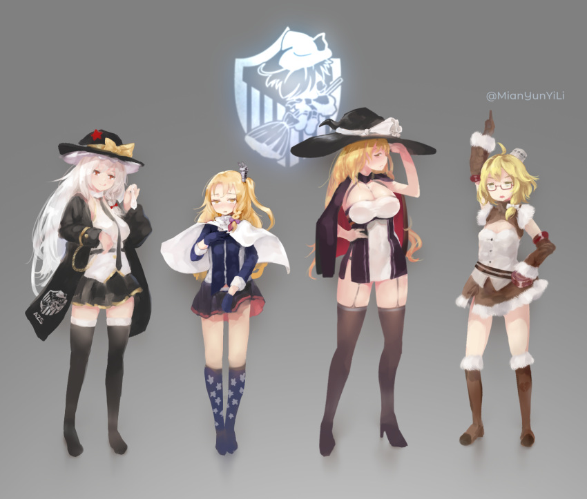 1boy 3girls alternate_hairstyle azur_lane azusa_(cookie) black_cape black_dress black_jacket black_skirt black_thighhighs blonde_hair blue_gloves blue_shirt blush boots bow braid breasts brown_eyes brown_footwear brown_gloves brown_sleeves cape cleveland_(azur_lane) cleveland_(azur_lane)_(cosplay) commentary_request cookie_(touhou) cosplay crossdressing detached_sleeves dress enterprise_(azur_lane) enterprise_(azur_lane)_(cosplay) fairyfloss full_body fur-trimmed_boots fur-trimmed_skirt fur-trimmed_sleeves fur_trim garter_straps genderswap_(ftm) gloves green_eyes grey_background hairbow hat hat_bow highres honolulu_(azur_lane) honolulu_(azur_lane)_(cosplay) jacket kirisame_marisa large_breasts long_hair looking_at_viewer mars_(cookie) medium_breasts medium_hair multiple_girls oklahoma_(azur_lane) oklahoma_(azur_lane)_(cosplay) open_mouth otoko_no_ko pointing pointing_up red-framed_eyewear red_cape red_eyes red_star rei_(cookie) rule_63 semi-rimless_eyewear shirt short_dress side_braid side_ponytail simple_background single_braid skirt small_breasts standing star_(symbol) thighhighs touhou twitter_username two-sided_cape two-sided_fabric under-rim_eyewear uzuki_(cookie) white_bow white_cape white_shirt witch_hat yellow_bow