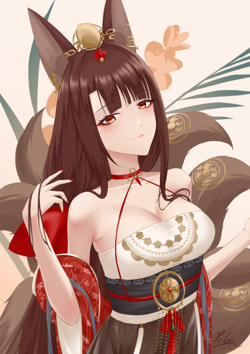 absurdres akagi_(azur_lane) akagi_(dawn_phoenix's_summons)_(azur_lane) animal_ears arm_up artist_name azur_lane bare_shoulders blush breasts brown_eyes brown_hair china_dress chinese_clothes cleavage closed_mouth collarbone dress female fox_ears fox_tail highres ichikushi_mojibake large_breasts lips long_hair looking_at_viewer official_alternate_costume simple_background solo tail upper_body