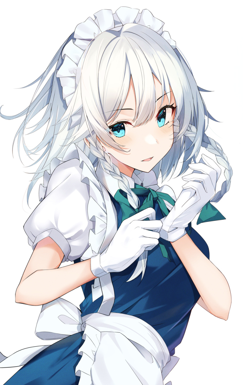 apron bow braid chroemaguro commentary female gloves green_bow hairbow highres izayoi_sakuya looking_at_viewer maid maid_apron maid_headdress puffy_short_sleeves puffy_sleeves short_sleeves simple_background solo touhou twin_braids upper_body waist_apron white_apron white_background white_gloves white_hair