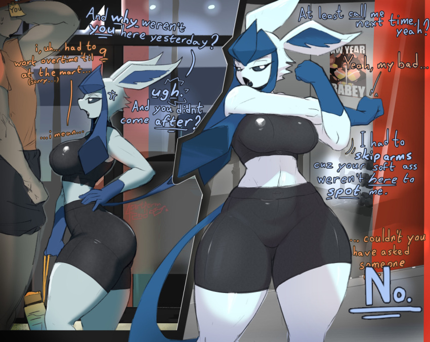 2024 angry anthro artform42nd ass athletic_wear belly biped black_clothing blue_body blue_fur blue_hands blue_text bottle bottomwear breasts brown_text buzzwole clothed clothing colored container dialogue digital_media_(artwork) duo eeveelution ellipsis english_text female female_anthro fingers fur generation_4_pokemon generation_7_pokemon glaceon gym gym_bottomwear gym_shorts human male mammal nintendo open_mouth orange_text pokemon pokemon_(species) poster pupils question_mark shorts stretching tail talking_to_another text thick_thighs ultra_beast underlined_text water_bottle white_pupils wide_hipped_female wide_hips ych_(character)