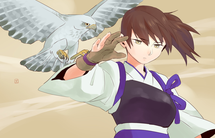 bird brown_hair commentary_request female gloves japanese_clothes kaga_(kancolle) kantai_collection long_hair muneate partially_fingerless_gloves shigemitsu_jun side_ponytail solo tasuki yugake