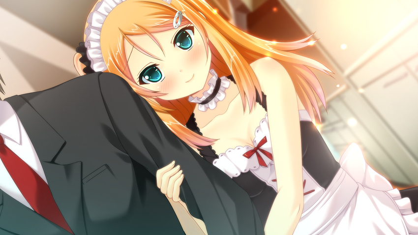 1boy akino_shin aqua_eyes artist_request blush breasts character_request choker cleavage female game_cg green_eyes hair_clip hair_ornament hairclip happy holding_arm indoors juunin_kanri!_~10_nin_no_otome_ni_ai_no_te_o~ long_hair maid maihara_kanade material_mel_(company) orange_hair smile source_request