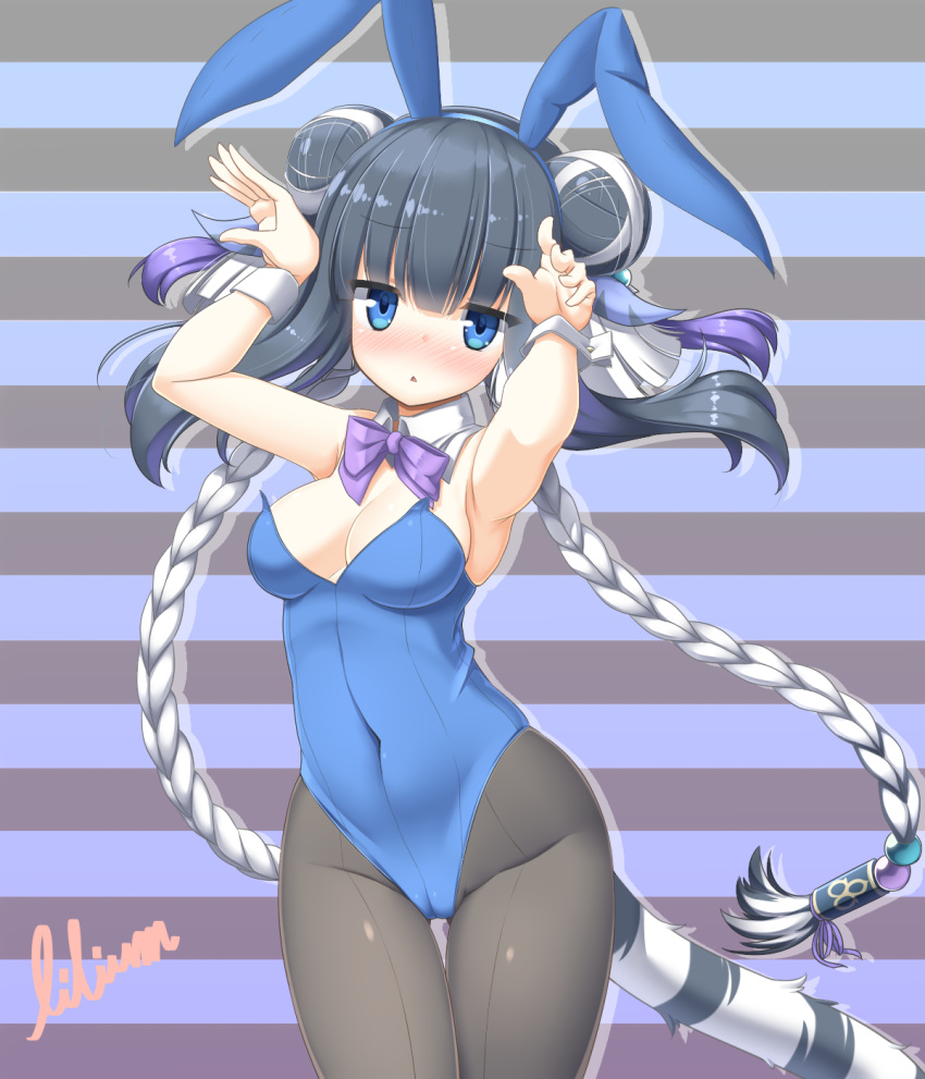 animal_ears black_hair blue_eyes blue_leotard blunt_bangs bow bowtie breasts commentary_request cowboy_shot detached_collar double_bun fake_animal_ears female hair_bun haku_(p&d) highres leotard lilium0235 multicolored_hair pantyhose playboy_bunny purple_bow purple_bowtie puzzle_&_dragons rabbit_ears rabbit_pose solo strapless strapless_leotard striped striped_background tail tiger_ears tiger_tail two-tone_hair white_hair wrist_cuffs