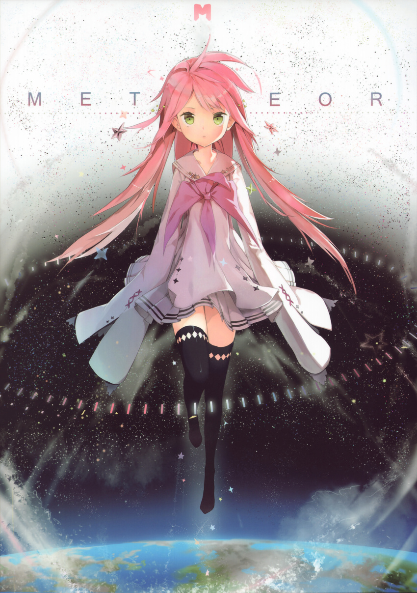 absurdres anmi black_thighhighs closed_mouth earth_(planet) female full_body green_eyes highres long_hair long_sleeves meteor_(vocaloid) neckerchief pink_hair pink_neckerchief planet sleeves_past_fingers sleeves_past_wrists solo space star_(symbol) thighhighs very_long_hair vocaloid yellow_eyes zettai_ryouiki