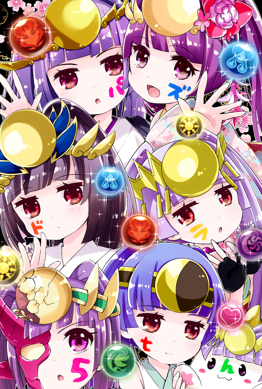 1boy 5girls :3 black_hair blunt_bangs blush_stickers commentary_request headdress highres looking_at_viewer multiple_girls multiple_persona open_mouth pikomarie purple_eyes purple_hair puzzle_&_dragons red_eyes smile tamadra twintails yomi_(p&d)