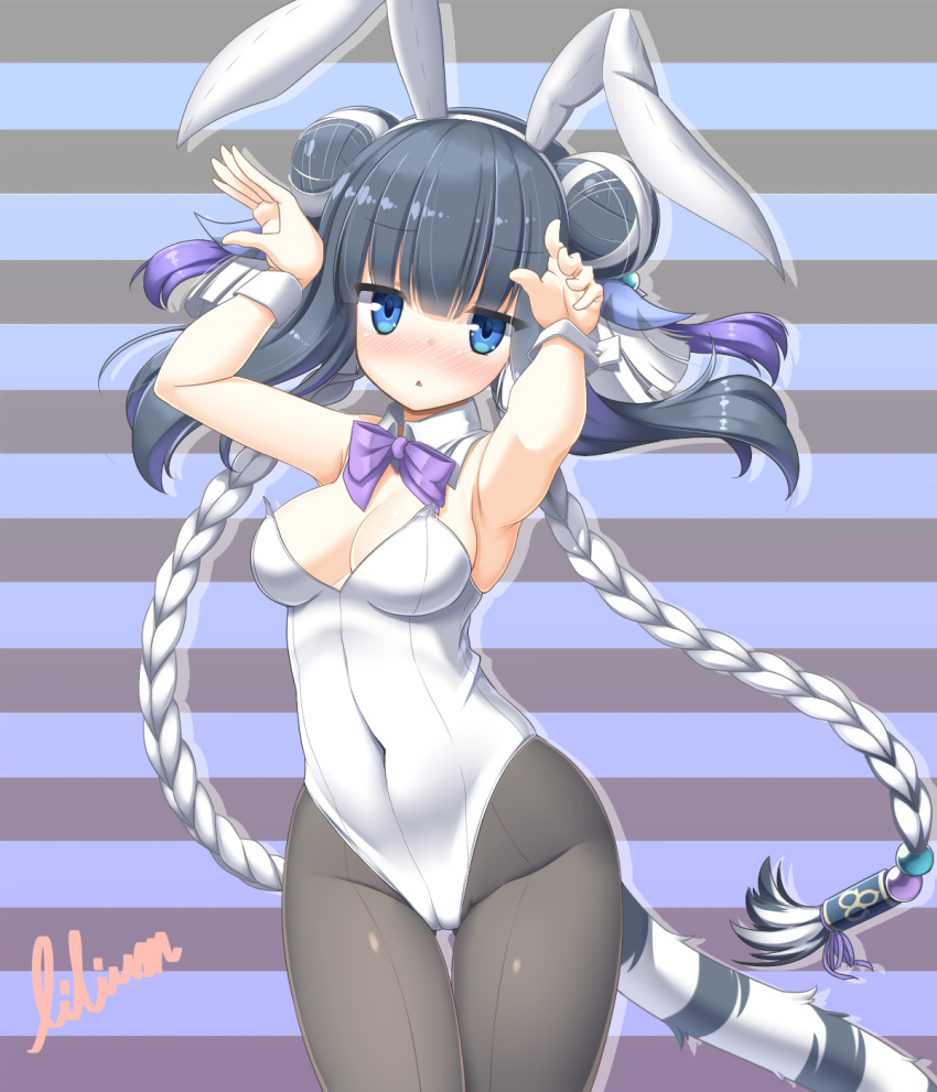 animal_ears black_hair blue_eyes blunt_bangs bow bowtie breasts commentary_request cowboy_shot detached_collar double_bun fake_animal_ears female hair_bun haku_(p&d) highres leotard lilium0235 multicolored_hair pantyhose playboy_bunny purple_bow purple_bowtie puzzle_&_dragons rabbit_ears rabbit_pose solo strapless strapless_leotard striped striped_background tail tiger_ears tiger_tail two-tone_hair white_hair white_leotard wrist_cuffs