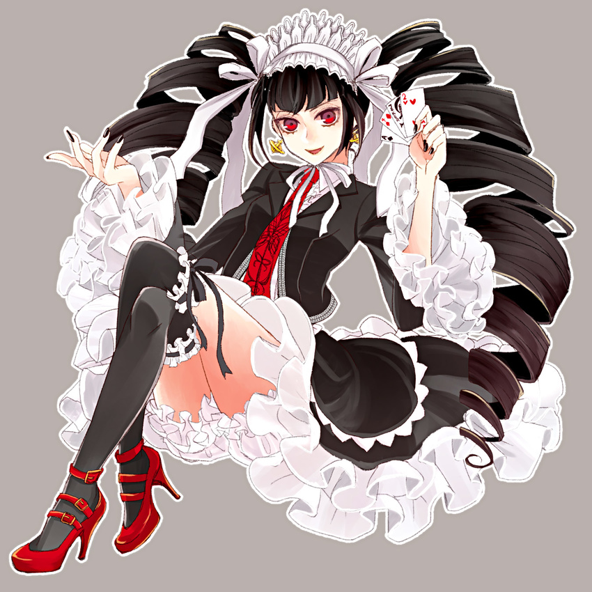 bad_id bad_pixiv_id black_hair black_thighhighs bonnet card celestia_ludenberg club_(shape) danganronpa:_trigger_happy_havoc danganronpa_(series) diamond_(shape) drill_hair earrings female gothic_lolita grey_background heart high_heels highres jewelry littlebird-idel lolita_fashion long_hair necktie playing_card red_eyes shoes smile solo spade_(shape) thighhighs twin_drills twintails