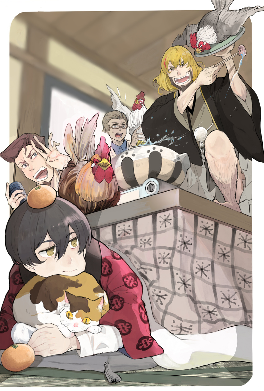 4boys 91_days avilio_bruno bad_id bad_pixiv_id bird black_hair blonde_hair blue_eyes brown_eyes brown_hair chicken chopsticks corteo facial_hair fango feline food food_on_head fruit fruit_on_head glasses highres hotpot japanese_clothes kotatsu leg_hair looking_at_another male_chicken male_focus multiple_boys nero_vanetti object_on_head open_mouth orange_(fruit) portable_stove table takeakigaku tatami undercut yellow_eyes