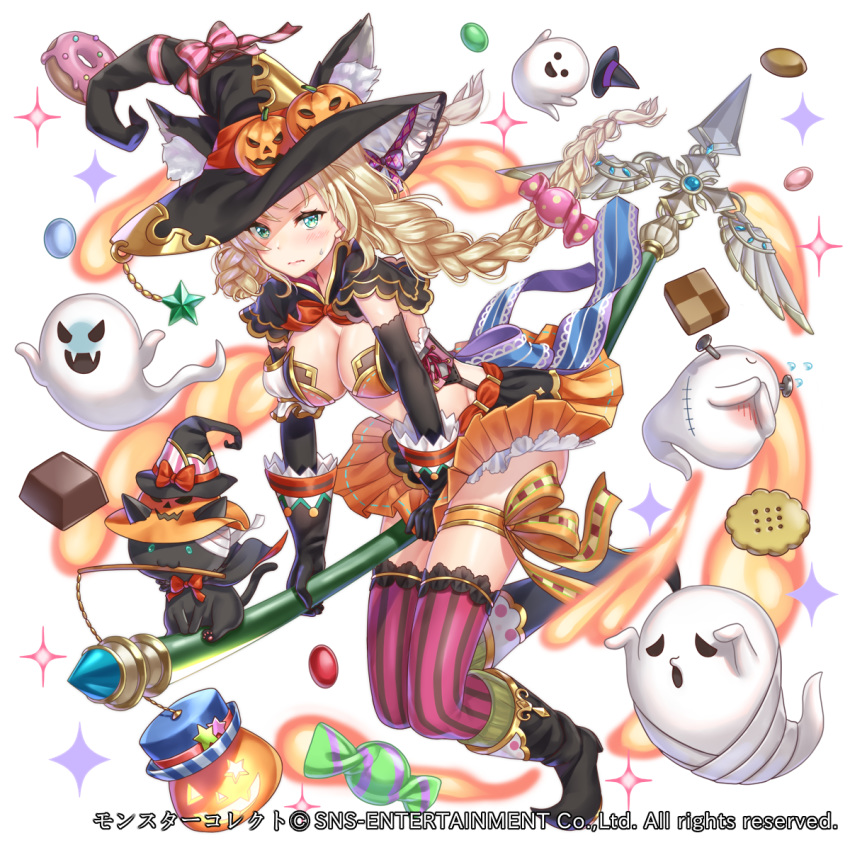 animal_ear_fluff animal_ears black_cat black_footwear blush braid breasts candy chocolate cleavage commentary_request company_name cookie doughnut elbow_gloves fantasy feline female food ghost gloves green_eyes hakuda_tofu halloween hat highres leg_ribbon looking_at_viewer medium_breasts midriff monster_collect nail official_art orange_skirt pumpkin_hat ribbon skirt skirt_flip skirt_tug stitches striped_clothes striped_thighhighs sweatdrop sweets thigh_ribbon thighhighs thighs vertical-striped_clothes vertical-striped_thighhighs wavy_mouth witch witch_hat wrapped_candy