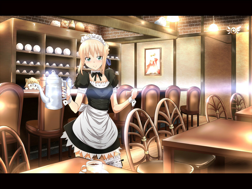 <|>_<|> 2girls ahoge apron artoria_pendragon_(fate) black_dress blonde_hair blue_ribbon brick_wall cafe carnival_phantasm chibi commentary_request cowboy_shot cupboard dish_rack dress fate/extra fate/kaleid_liner_prisma_illya fate/stay_night fate_(series) frilled_apron frills green_eyes hair_ribbon indoors kurorettsu lamp letterboxed magical_ruby maid maid_apron melty_blood multiple_girls neco-arc nero_claudius_(fate) nero_claudius_(fate/extra) official_alternate_costume painting_(object) photo_(object) picture_frame ribbon saber_(fate) solo_focus sweater table tsukihime turtleneck turtleneck_sweater type-moon vase white_apron white_sweater