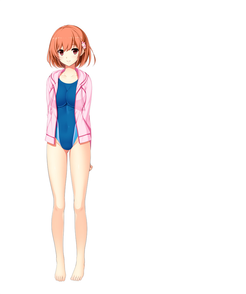 arms_behind_back barefoot breasts brown_hair competition_swimsuit female flower full_body hair_flower hair_ornament highres hoshi_ori_yume_mirai jacket koizumi_amane looking_at_viewer medium_breasts non-web_source one-piece_swimsuit red_eyes shinozaki_marika short_hair smile solo standing swimsuit transparent_background