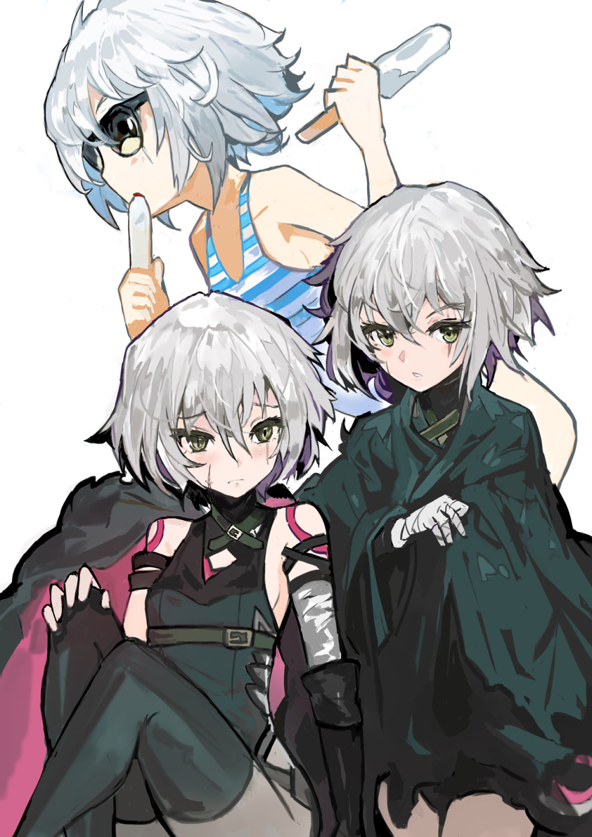 3girls alchemaniac arm_belt bandaged_arm bandages black_legwear cloak commentary_request fate/apocrypha fate/grand_order fate_(series) gloves green_eyes grey_hair highres jack_the_ripper_(chaldea_lifesavers)_(fate) jack_the_ripper_(fate/apocrypha) multiple_girls multiple_views one-piece_swimsuit photoshop_(medium) scar scar_across_eye scar_on_cheek scar_on_face shoulder_tattoo single_glove sitting slit_pupils striped sunglasses swimsuit tattoo thighhighs weapon