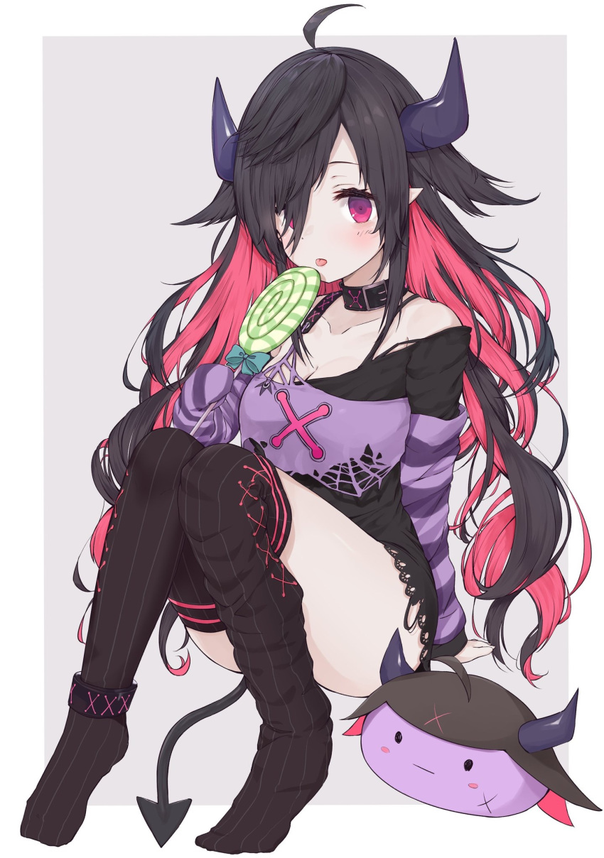 ahoge arm_support bare_shoulders black_dress black_hair black_thighhighs breasts candy cleavage collarbone commentary_request demon_horns demon_tail dress female food grey_background hair_over_one_eye highres holding holding_candy holding_food holding_lollipop horns lace lace-trimmed_dress lace_trim lollipop long_hair long_sleeves looking_at_viewer medium_breasts multicolored_hair nijisanji no_shoes pink_hair purple_eyes racchi. sitting sleeves_past_fingers sleeves_past_wrists solo striped_clothes striped_thighhighs swirl_lollipop tail thighhighs thighhighs_pull two-tone_background two-tone_hair vertical-striped_clothes vertical-striped_thighhighs very_long_hair virtual_youtuber white_background yamiyono_moruru yamiyono_moruru_(1st_costume)