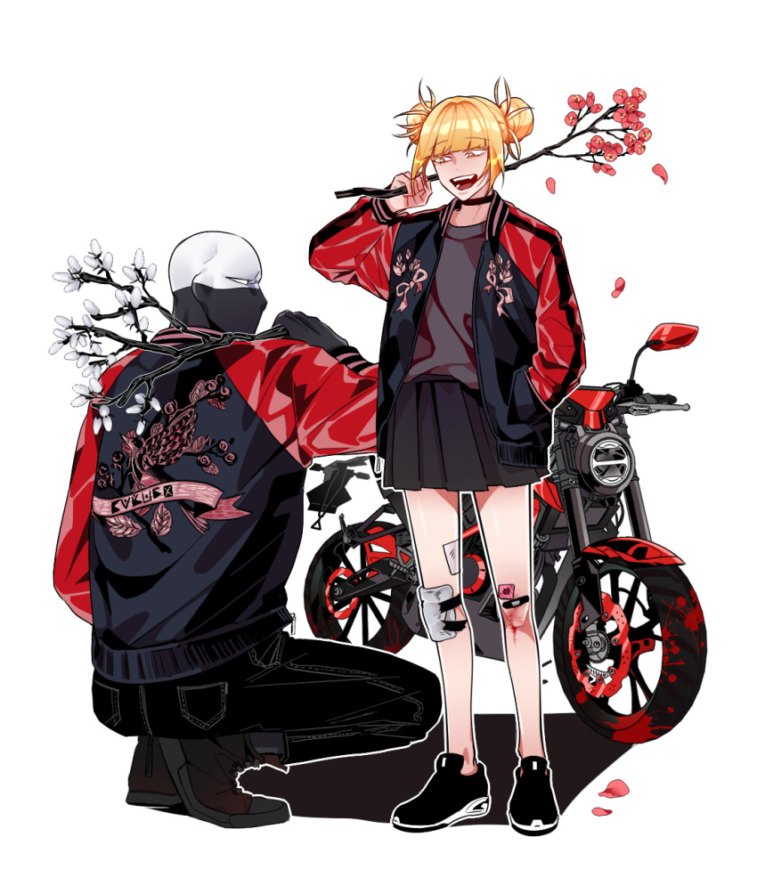 1boy bangs blonde_hair blood blunt_bangs boku_no_hero_academia bubaigawara_jin double_bun female hair_bun jacket messy_hair motor_vehicle motorcycle skirt toga_himiko yellow_eyes