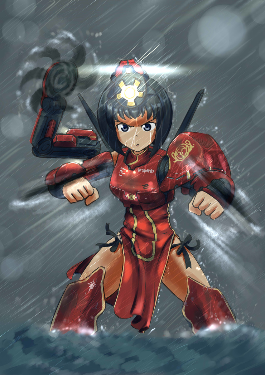 :o absurdres armor armored_dress blade blue_eyes china_dress chinese_clothes clenched_hands commentary_request crimson_typhoon dress erica_(naze1940) extra_arms female fighting_stance flat_chest helmet highres light looking_at_viewer magic mecha_musume mechanical_arms motion_blur ocean open_mouth pacific_rim panties personification rain shin_guards short_hair side-tie_panties single_mechanical_arm spinning spread_legs standing underwear water