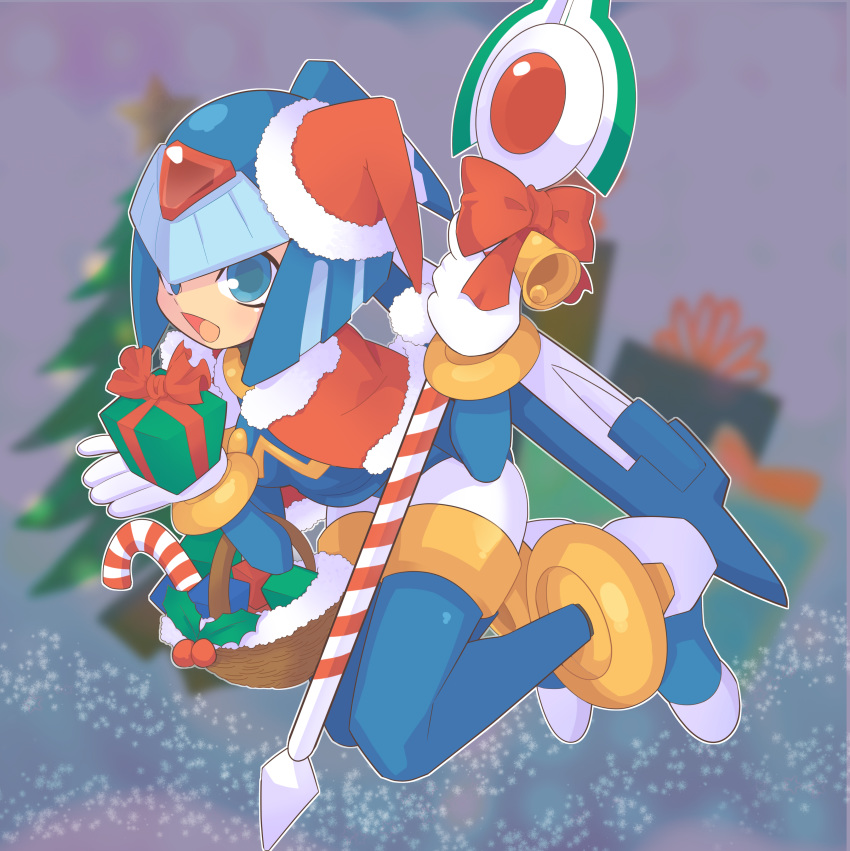 absurdres android bad_id bad_pixiv_id basket bell blue_eyes bow box bracelet candy candy_cane capcom capelet christmas christmas_tree commentary_request fairy_leviathan_(mega_man) female food full_body gift gift_box gloves hat helmet high_heels highres holding jewelry mega_man_(series) mega_man_zero_(series) omeehayo open_mouth polearm red_bow red_capelet ribbon robot_girl santa_hat smile solo spear weapon white_gloves