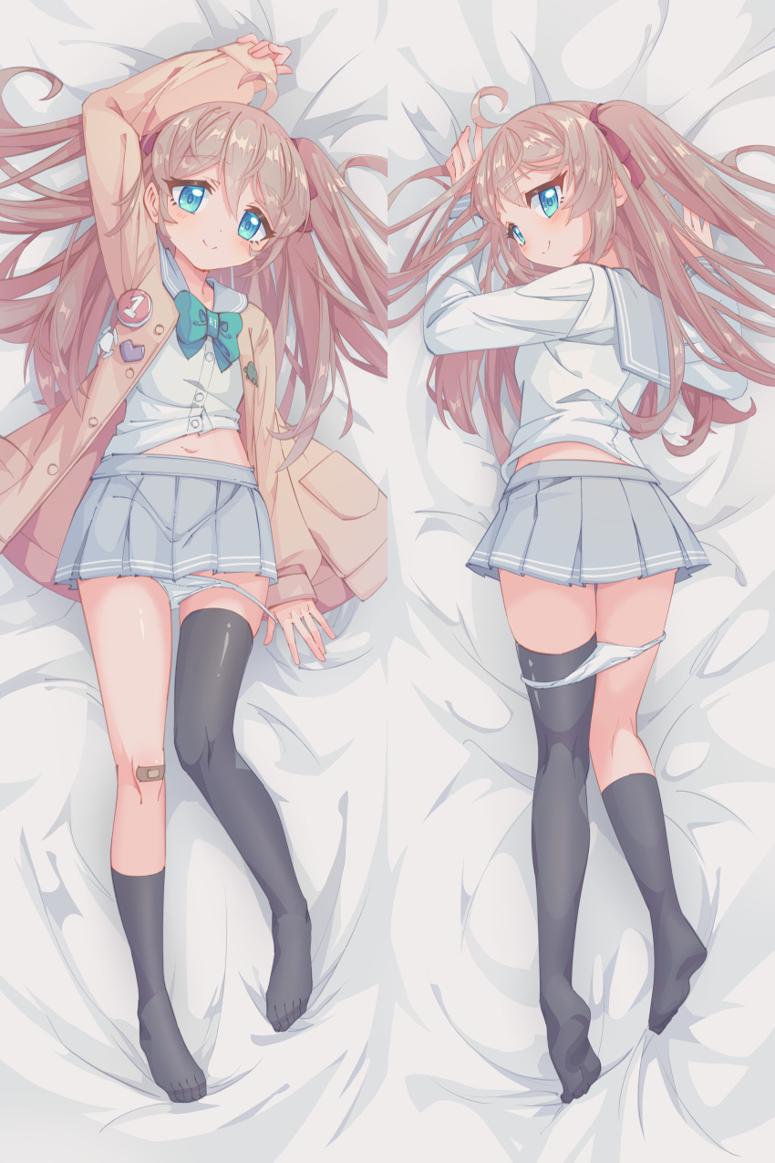 absurdres ahoge arm_up asymmetrical_legwear badge bandaid bandaid_on_knee bandaid_on_leg bed_sheet black_socks black_thighhighs blue_eyes blush bow bowtie button_badge cardigan chinese_commentary clothes_lift commentary dakimakura_(medium) english_commentary female full_body green_bow green_bowtie grey_sailor_collar grey_skirt hairbow highres indie_virtual_youtuber kneehighs light_brown_hair looking_at_viewer lying mixed-language_commentary multiple_views navel neuro-sama no_shoes on_back on_stomach osu! panties panty_pull pleated_skirt red_bow rune_(dualhart) sailor_collar school_uniform serafuku shirt_lift single_kneehigh single_sock single_thighhigh skirt smile socks stomach thighhighs two_side_up underwear uneven_legwear virtual_youtuber white_panties yellow_cardigan