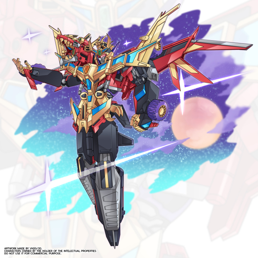 assault_visor clenched_hand floating gridknight_(ssss.gridman) gridman_universe highres kaiser_gridknight mecha mechanical_wings moon no_humans open_hand robot science_fiction shoulder_cannon solo ssss.dynazenon super_robot v-fin vistahero wings