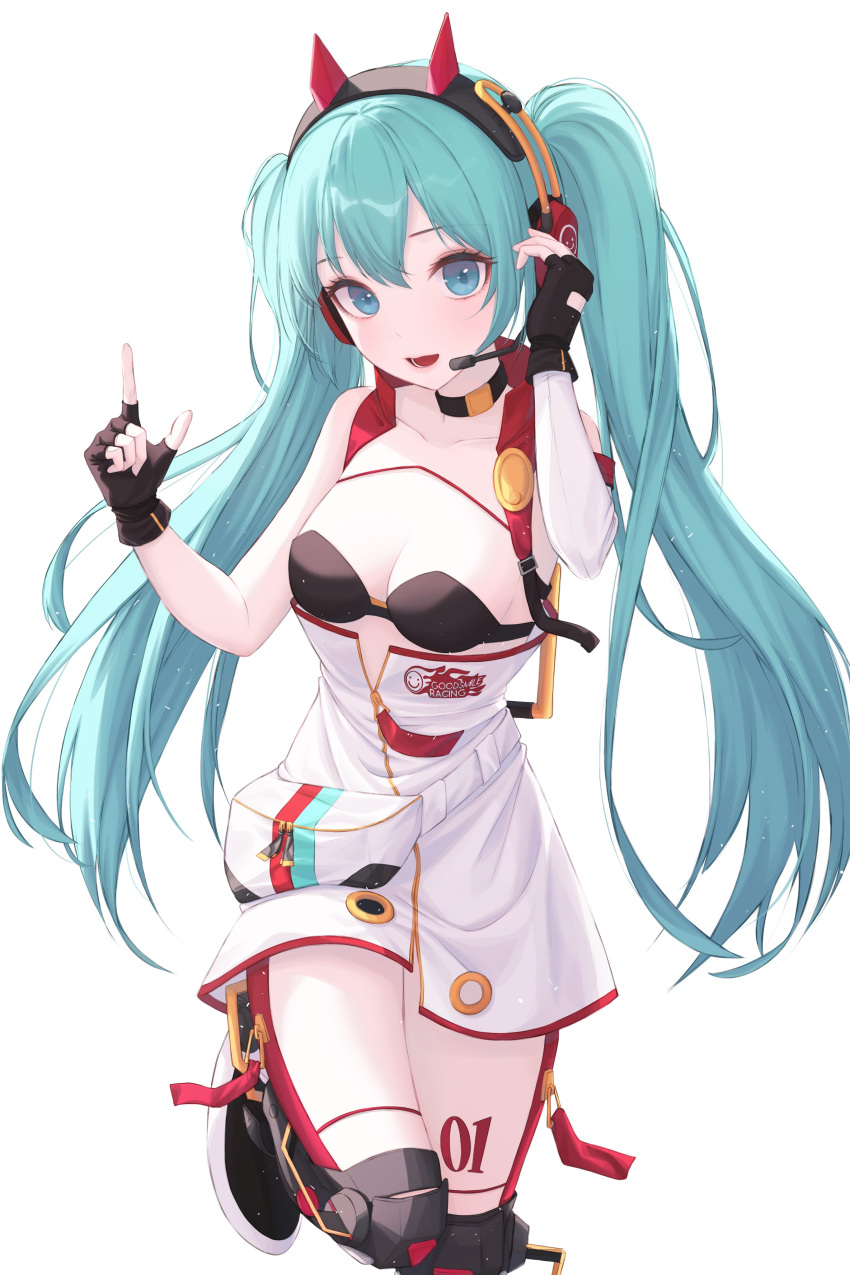 absurdres aqua_eyes aqua_hair asymmetrical_sleeves bad_id bad_twitter_id bare_shoulders black_gloves commentary detached_sleeves dress female fingerless_gloves gloves goodsmile_racing hand_on_headphones hands_up hatsune_miku headphones headset highres index_finger_raised kongsi leg_armor leg_tattoo leg_up logo long_hair looking_at_viewer pouch racing_miku racing_miku_(2020) single_detached_sleeve smile solo sports_bra standing strapless strapless_dress tattoo twintails uneven_sleeves very_long_hair vocaloid white_background white_dress white_sleeves