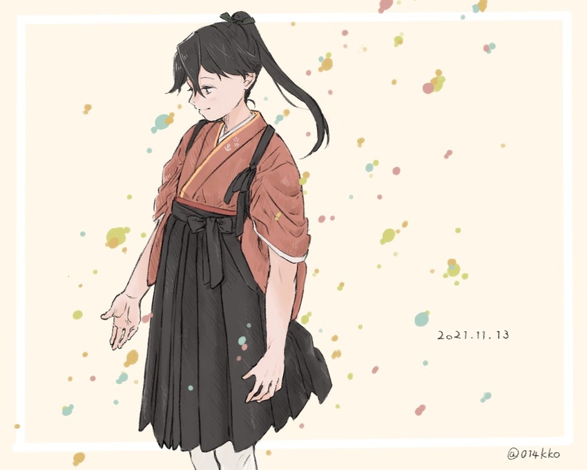 black_hair black_ribbon blush commentary_request dated female hair_between_eyes hair_ribbon hakama houshou_(kancolle) japanese_clothes kantai_collection kimono kokko_(014kko) long_hair pantyhose pink_kimono ponytail ribbon simple_background smile solo tasuki twitter_username white_pantyhose