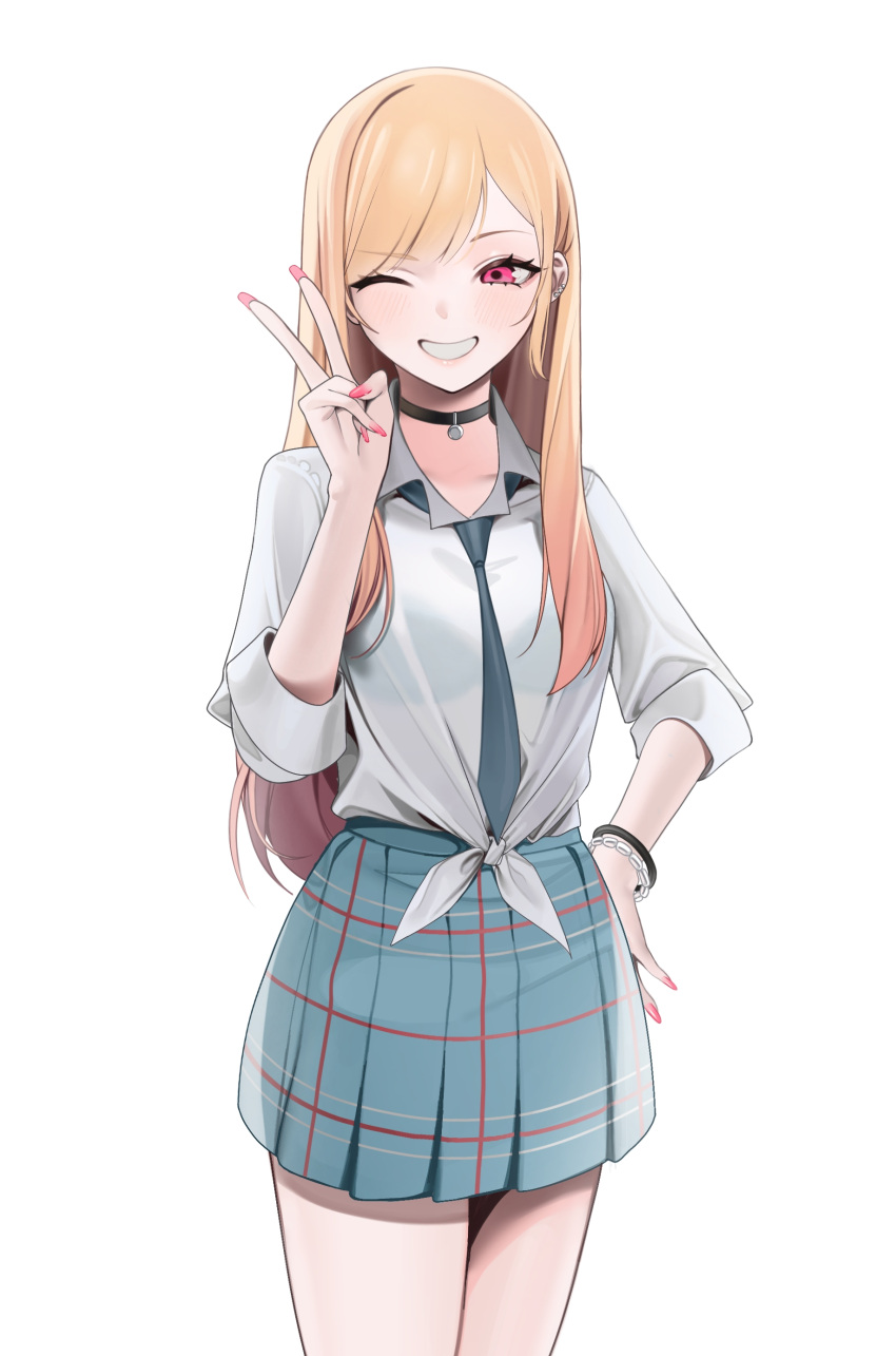 ;d absurdres black_choker blonde_hair blush bracelet choker earrings female grin hand_on_own_hip highres jewelry kashiko_(kshiko1) kitagawa_marin long_hair looking_at_viewer necktie one_eye_closed pink_nails pleated_skirt red_eyes school_uniform simple_background skirt smile solo sono_bisque_doll_wa_koi_wo_suru white_background