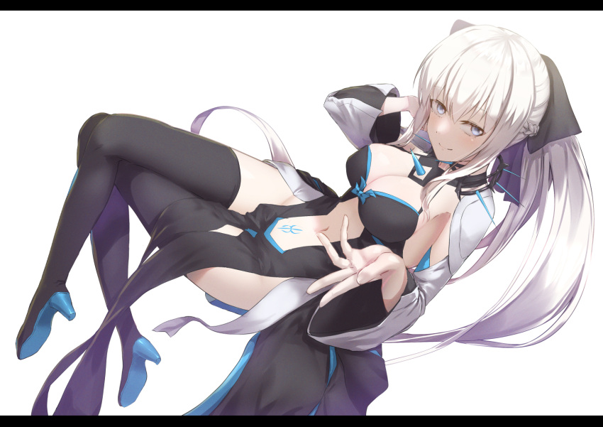 black_bow black_dress black_footwear blue_eyes boots bow braid breasts center_opening cleavage dress fate/grand_order fate_(series) female grey_hair hairbow half_up_braid highres large_breasts long_hair long_sleeves looking_at_viewer morgan_le_fay_(fate) navel okina_(805197) pelvic_curtain ponytail sidelocks smile solo stomach_tattoo tattoo thigh_boots two-tone_dress very_long_hair white_dress wide_sleeves