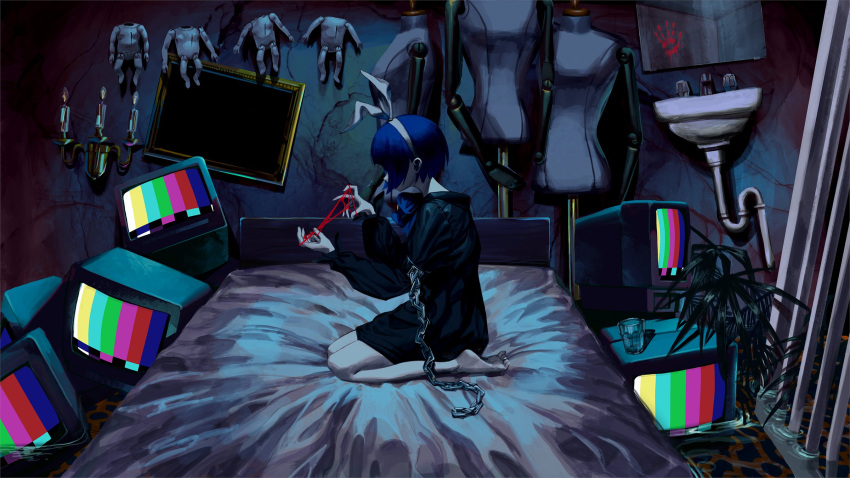 afternooners barefoot bed blue_hair chain_around_arm chains female from_side hair_ribbon headband highres indie_utaite long_sleeves on_bed ribbon seiza short_hair sink sitting solo string television test_card unnamed_girl_(x0o0x) utaite