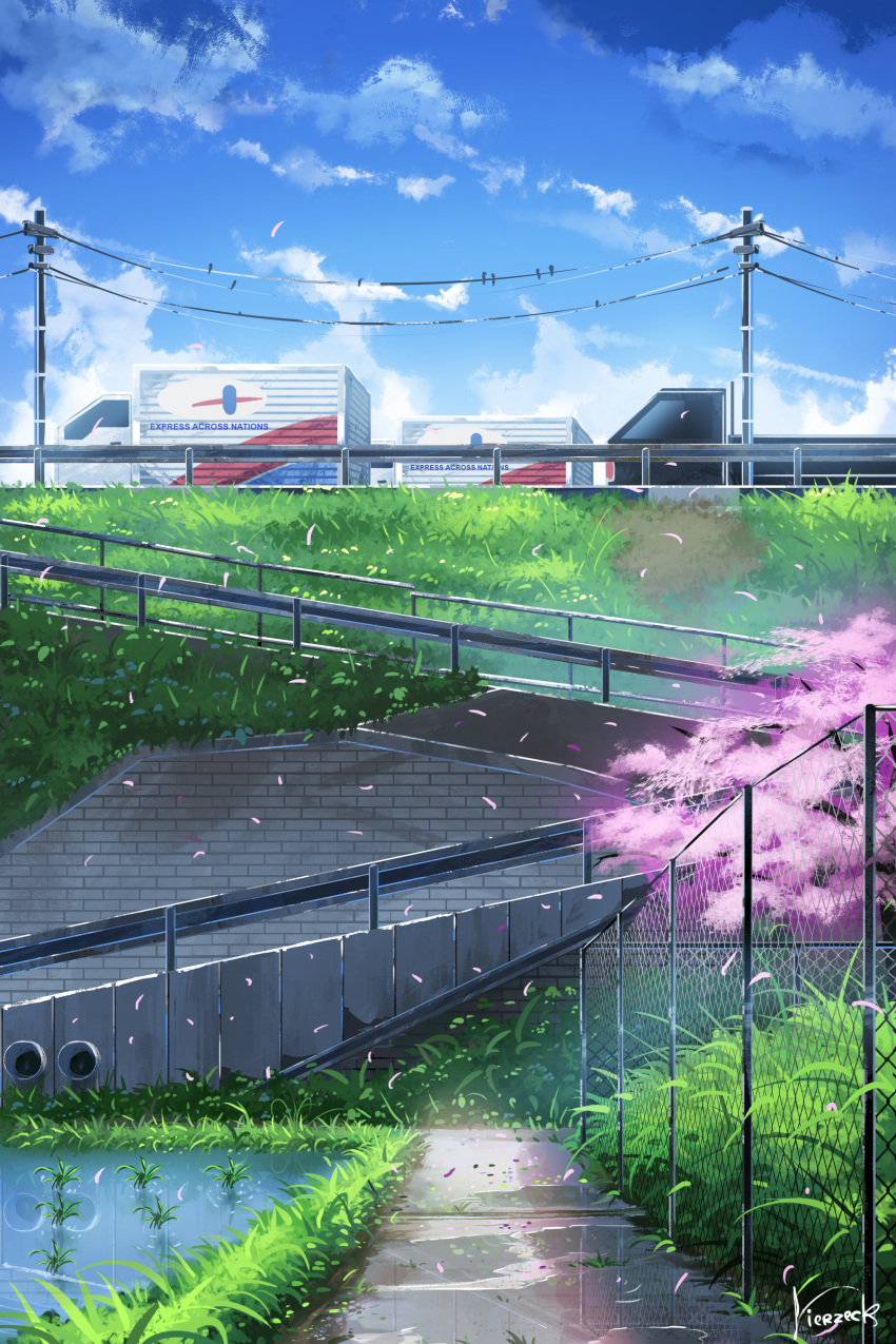 absurdres bird blue_sky cherry_blossoms cloud fence grass ground_vehicle guard_rail highres motor_vehicle no_humans original power_lines scenery sidewalk sky truck vierzeck water