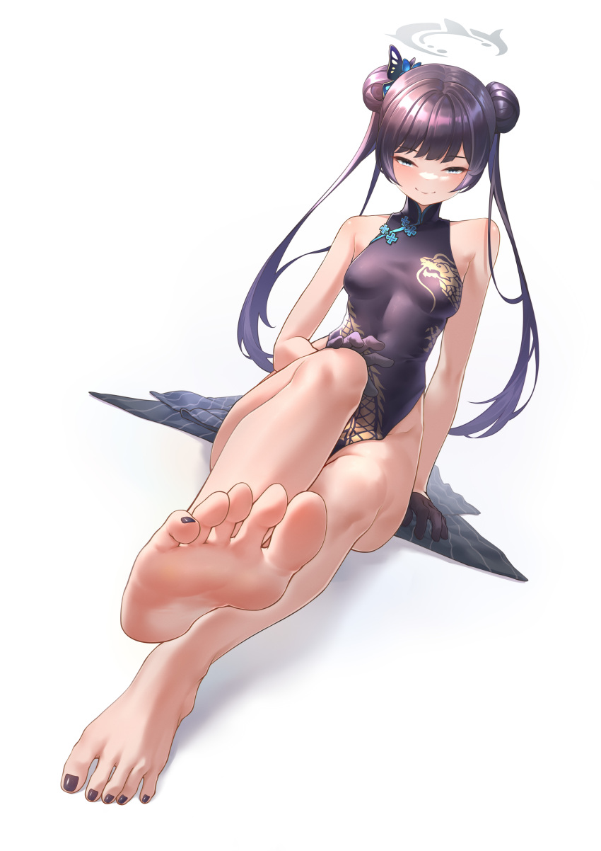 absurdres bare_shoulders barefoot black_dress black_gloves blazer blue_archive blue_eyes breasts chan_sang china_dress chinese_clothes double_bun dragon_print dress feet female foot_focus gloves greek_toe hair_bun hair_ornament halo highres jacket kisaki_(blue_archive) nail_polish purple_hair purple_nails sleeveless sleeveless_dress smile solo toenail_polish toenails toes twintails unworn_clothes