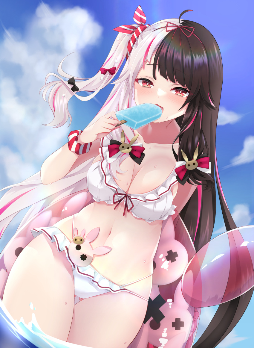 absurdres ass_visible_through_thighs bikini black_bow black_hair blue_sky bow breasts cleavage day female food frilled_bikini frills gari_gari-kun grey_hair hair_ornament hairbow highres holding holding_food innertube long_hair looking_at_viewer medium_breasts men_ta_pasudai multicolored_hair navel nijisanji ocean outdoors popsicle rabbit_hair_ornament red_bow red_eyes sky solo stomach summer swim_ring swimsuit thigh_gap thighs two-tone_hair very_long_hair virtual_youtuber wading white_bikini white_bow yorumi_rena yorumi_rena_(7th_costume)