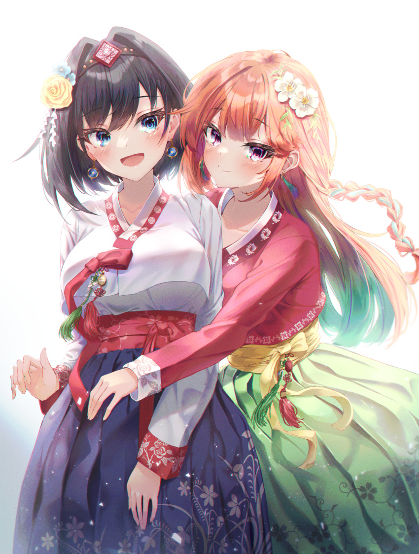 2girls :d alternate_costume backlighting black_hair blue_eyes blue_flower blue_skirt blush braid breasts ciawasemono closed_mouth commentary cowboy_shot cropped_jacket earrings english_commentary floral_print flower gradient_hair green_hair green_skirt hair_flower hair_intakes hair_ornament hanbok highres hololive hololive_english jacket jewelry korean_clothes korean_commentary large_breasts long_hair long_sleeves mixed-language_commentary multicolored_hair multiple_girls open_mouth orange_hair ouro_kronii print_skirt purple_eyes red_jacket sash short_hair simple_background skirt smile standing takanashi_kiara virtual_youtuber white_background white_flower white_jacket yellow_flower