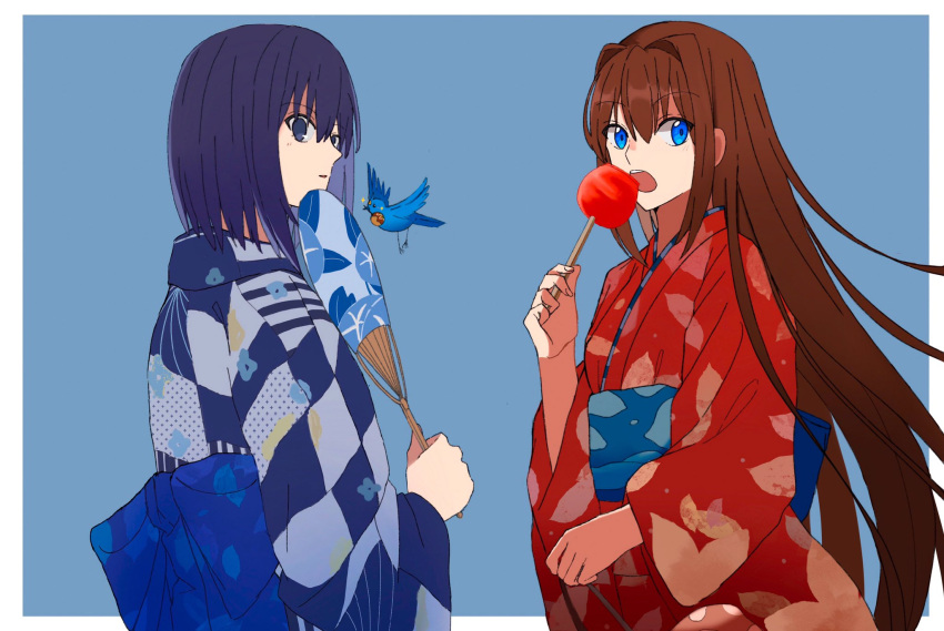 2girls alternate_costume animal aozaki_aoko bird black_eyes black_hair blue_background blue_bird blue_eyes blue_kimono border brown_hair candy_apple commentary_request flying food hair_between_eyes hair_intakes hand_fan highres holding holding_fan holding_food japanese_clothes kimono kuonji_alice long_hair looking_at_viewer lost_robin_rondo mahou_tsukai_no_yoru multiple_girls obi open_mouth outside_border paper_fan pikaremon red_kimono sash short_hair simple_background teeth upper_body upper_teeth_only very_long_hair white_border wide_sleeves yukata