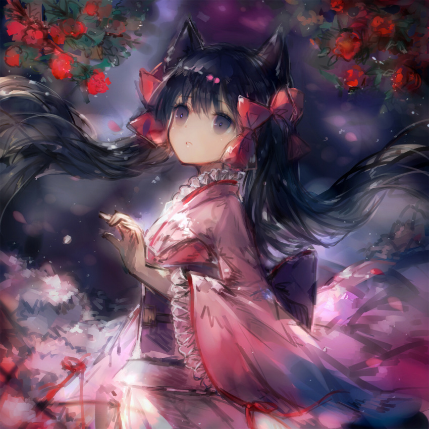 animal_ears black_eyes black_hair bow female flower fox_ears hair_ribbon hairbow hanchan highres japanese_clothes kimono long_hair night otome_youkai_zakuro outdoors pink_kimono ribbon solo standing twintails wide_sleeves zakuro_(otome_youkai_zakuro)