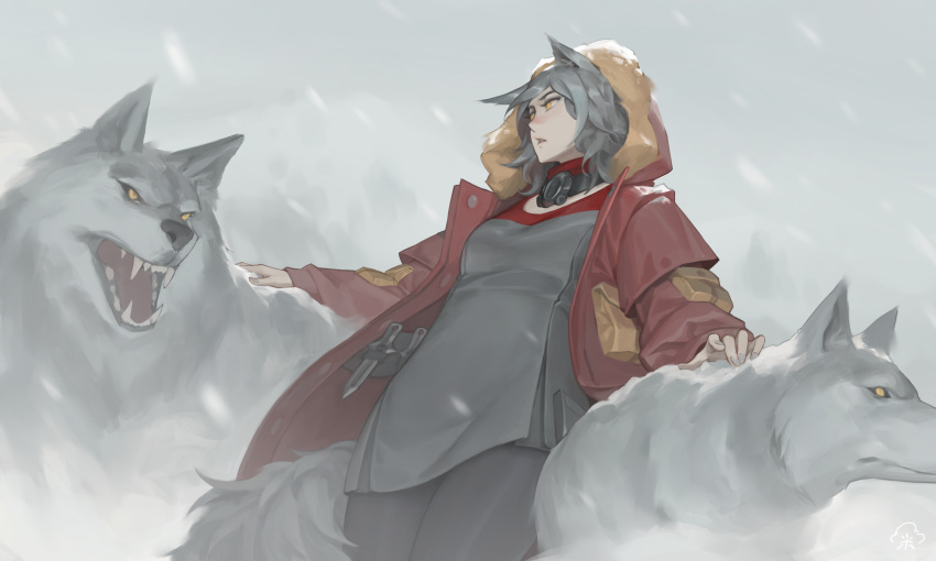 absurdres animal animal_ears arknights bad_id bad_pixiv_id blizzard breasts chen_zhang coat commentary fangs female fur-trimmed_hood fur-trimmed_jacket fur_trim glowing glowing_eyes grey_hair grey_wolf highres hood hooded_jacket jacket mask mask_around_neck medium_breasts open_mouth outdoors petting projekt_red_(arknights) red_coat red_jacket red_scarf scarf snow snowing tail wolf wolf_ears wolf_girl wolf_tail yellow_eyes