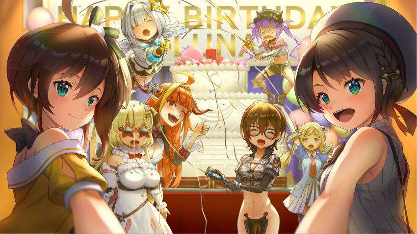 6+girls ahoge aki_rosenthal aki_rosenthal_(1st_costume) amane_kanata amane_kanata_(1st_costume) android angel angel_wings arm_up balloon bare_shoulders baseball_cap beret bibi_(tokoyami_towa) birthday_cake black_hair black_jacket blonde_hair blue_bow blue_bowtie blue_hair blunt_bangs blush bow bowtie braid brown_hair cake camouflage camouflage_jacket cleavage_cutout clothing_cutout colored_inner_hair cropped_jacket curled_horns detached_sleeves dragon_girl dress fake_horns feathered_wings flying food fur-trimmed_dress fur-trimmed_sleeves fur_trim glasses green_eyes grey_hair hair_between_eyes hair_ornament hair_ribbon hairclip halo happy_birthday hat highres hololive horns jacket kiryu_coco kiryu_coco_(1st_costume) long_hair long_sleeves looking_at_viewer multicolored_hair multiple_girls natsuiro_matsuri natsuiro_matsuri_(1st_costume) no_pants oozora_subaru oozora_subaru_(work) open_mouth orange_hair party_popper pov purple_hair ribbon roboco-san roboco-san_(1st_costume) sheep_girl sheep_horns shirt short_hair short_shorts short_sleeves shorts side_braid side_ponytail sidelocks single_braid sleeveless sleeveless_shirt smile star-shaped_eyewear star_(symbol) streaked_hair thumbs_up tokoyami_towa tsunomaki_watame tsunomaki_watame_(1st_costume) turtleneck twintails virtual_youtuber wings yamasan_ossan