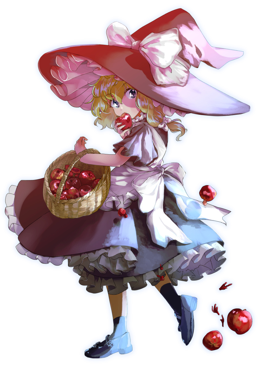 absurdres apple apron basket black_footwear black_hat black_skirt blonde_hair bow commentary_request eating female fingernails food from_side fruit full_body grey_eyes hairbow hat hat_bow highres holding holding_food holding_fruit kinosaki kirisame_marisa long_hair looking_at_viewer mushroom puffy_short_sleeves puffy_sleeves shoes short_sleeves simple_background single_sidelock skirt skirt_set socks solo touhou walking white_background white_bow witch_hat