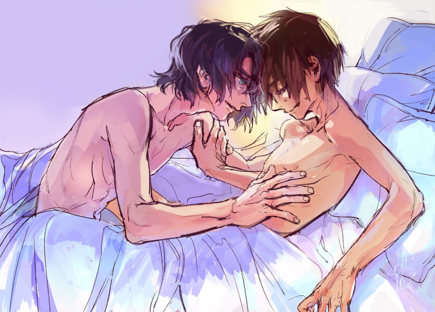 2boys athrun_zala bed bed_sheet blue_hair brown_hair closed_eyes green_eyes gundam gundam_seed jtr kira_yamato male_focus multiple_boys nude on_bed short_hair smile yaoi