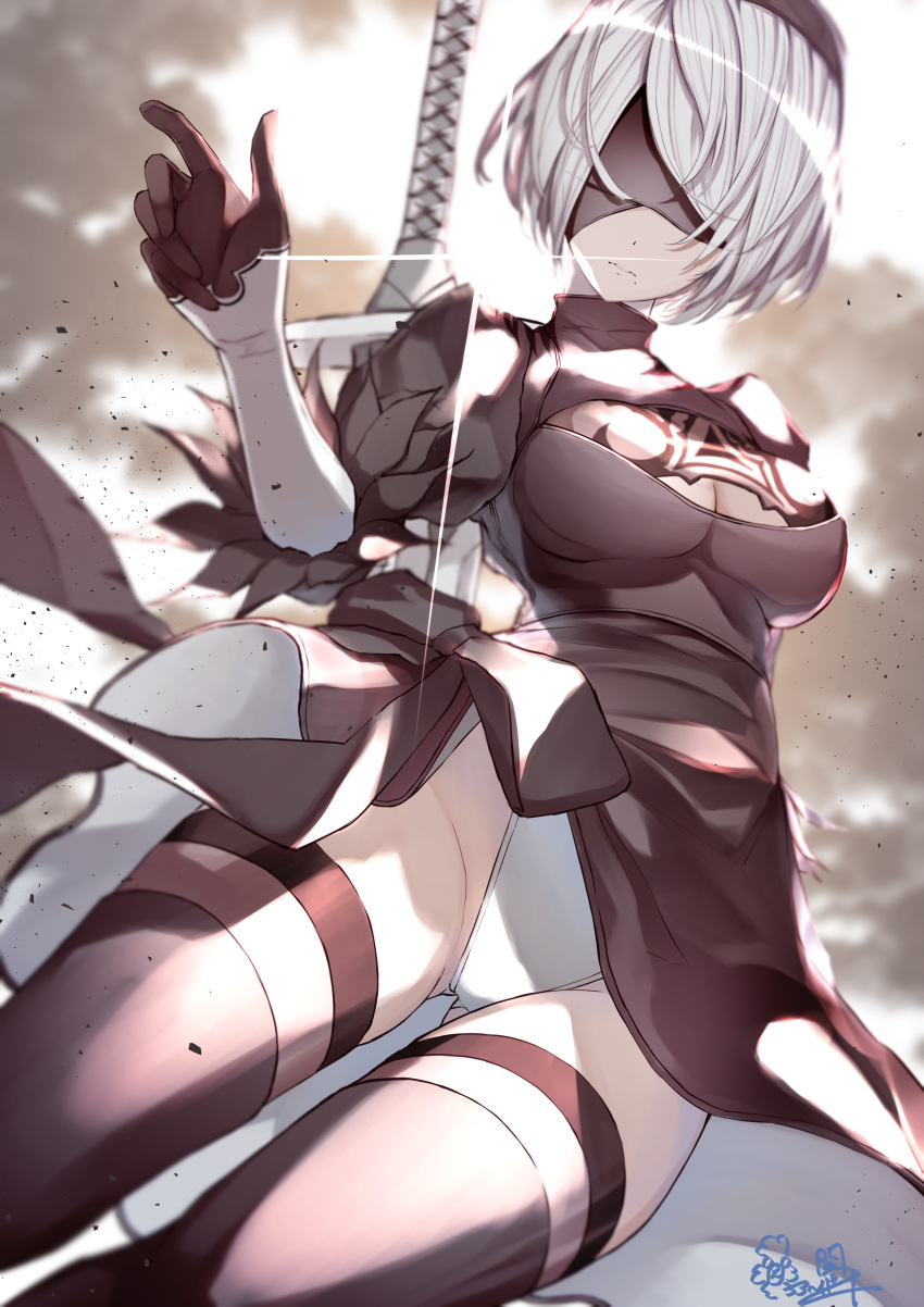 2b_(nier:automata) absurdres alpakakkax2 black_blindfold black_dress black_hairband black_thighhighs blindfold breasts cleavage_cutout closed_mouth clothing_cutout dress feather-trimmed_sleeves female hairband highres juliet_sleeves long_sleeves medium_breasts nier:automata nier_(series) puffy_sleeves short_hair signature solo sparkle sword thighhighs thighs underwear weapon white_hair