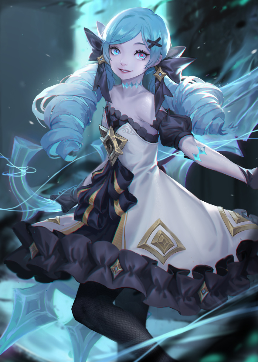 absurdres bare_shoulders black_bow black_dress black_pantyhose black_sleeves blue_hair blurry blurry_background bow collarbone detached_sleeves dress drill_hair female flat_chest green_eyes grey_dress gwen_(league_of_legends) hair_ornament hairbow highres holding holding_scissors hong_yu league_of_legends long_hair looking_at_viewer pantyhose scissors smile solo star_(symbol) strapless strapless_dress twin_drills twintails x_hair_ornament