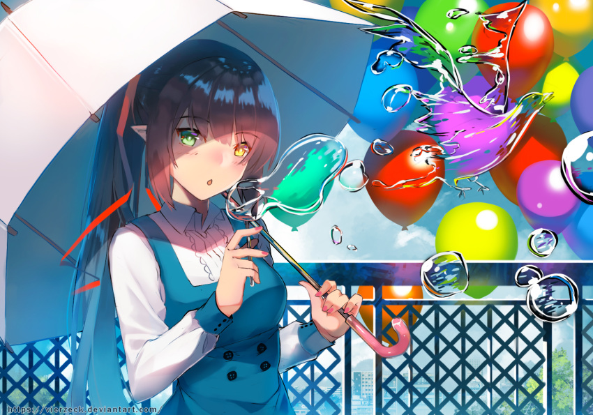 balloon bird bubble_blowing building buttons female fence fingernails hair_ribbon highres holding holding_umbrella long_hair long_sleeves open_mouth original pointy_ears ribbon shirt umbrella vierzeck white_shirt yellow_eyes